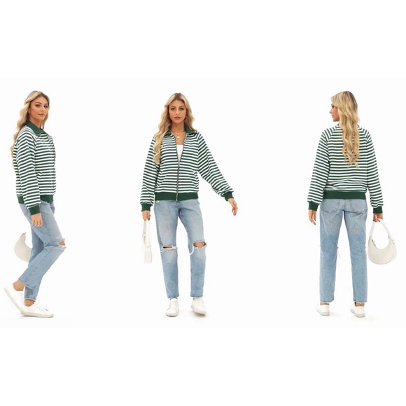 Dokotoo Woman’s Striped Zip Up Jacket•Green/White•Collared Sweater• Size LG•NWT - Picture 3 of 11